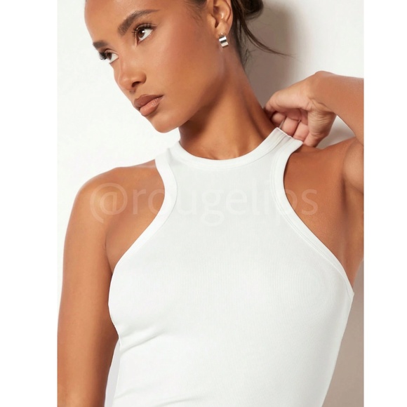 White Rib Knit Racer Back Front Casual Basic Tank Top Shirt - Picture 4 of 9